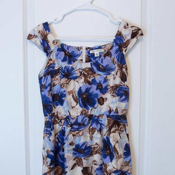 Sz 0 Silk Floral Brush Stroke Blue Brown Mini Dress Cap Sleeve Banana Republic - Picture 9 of 10